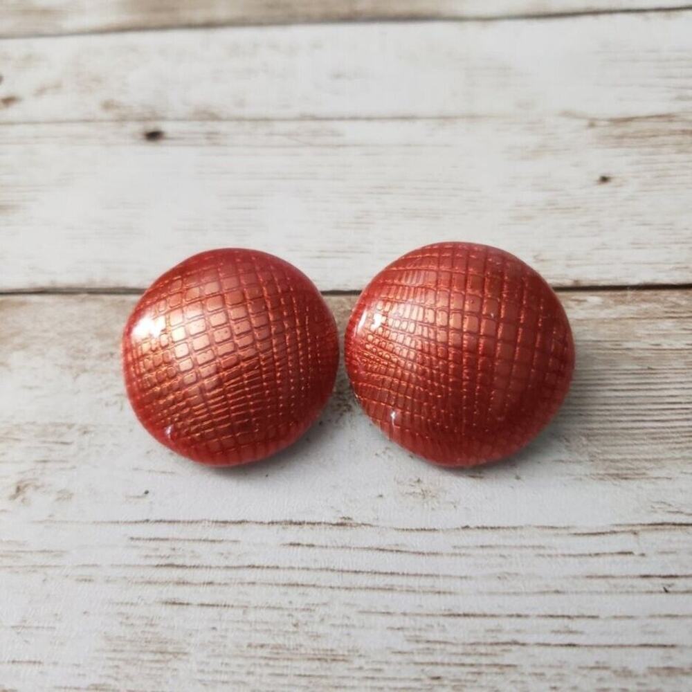 Vintage Clip On Earrings - Unusual Scale Like Orangey Red Circle